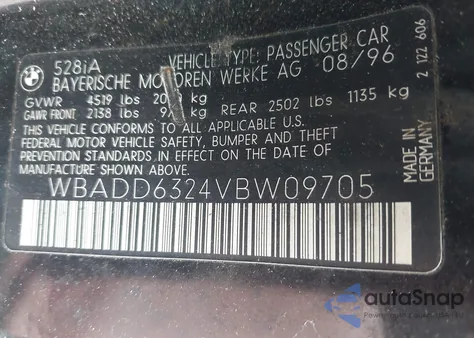 1997 BMW 528I из США, поврежденный, VIN WBADD6324VBW09705